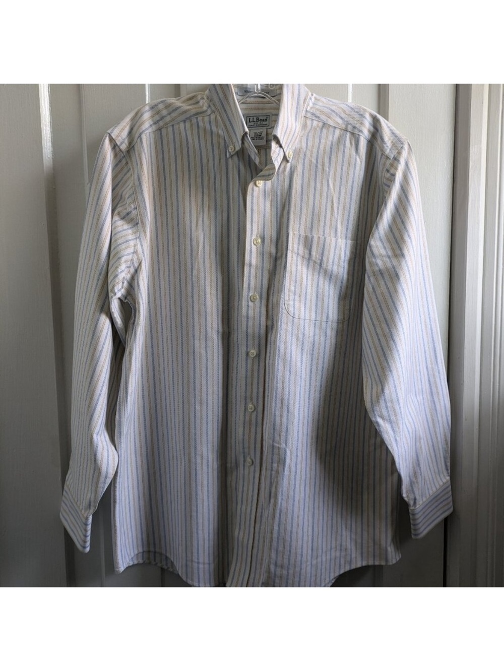 L.L. Bean Men's Striped Button-Down Shirt - White with Blue and Tan Stripes
